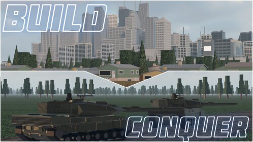 Build and Conquer hero banner showing the city skyline above and armored vehicles below the BUILD CONQUER wordmark.