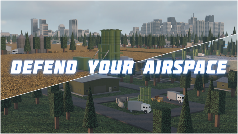 Build and Conquer surface-to-air missile launchers deployed on a city outskirts under the DEFEND YOUR AIRSPACE banner.